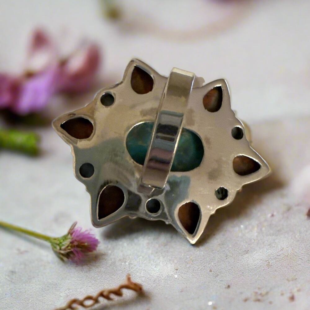 Faceted Mohave Turquoise Spiny Oyster & Larimar Statement Ring 1.75” Long - Picture 5 of 5